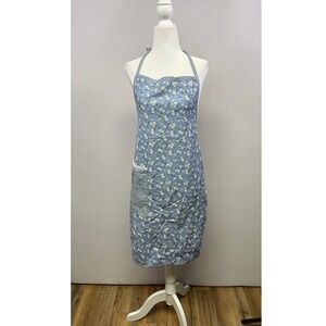 Cottagecore Franco Women OS Blue Floral Gingham‎ Lace Trim Cotton Bib Apron